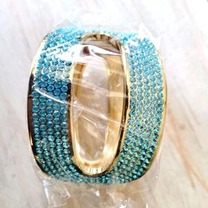 Gold toned Bangle-a-Top 2 rows of Sky Blue Crystals